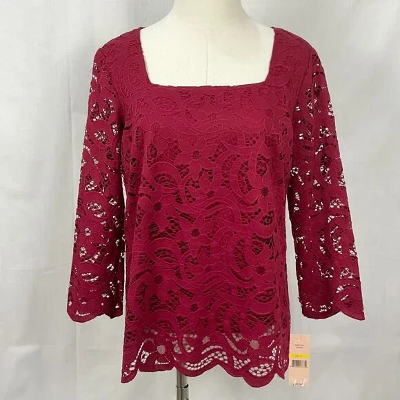 Nanette Lepore Burgundy Lace Blouse Top Shirt Sz Med NWT 3/4 Sleeve Lined - Picture 2 of 9